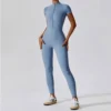 Yoga Jumpsuit with Zipper and Short Sleeves for Gym Workout